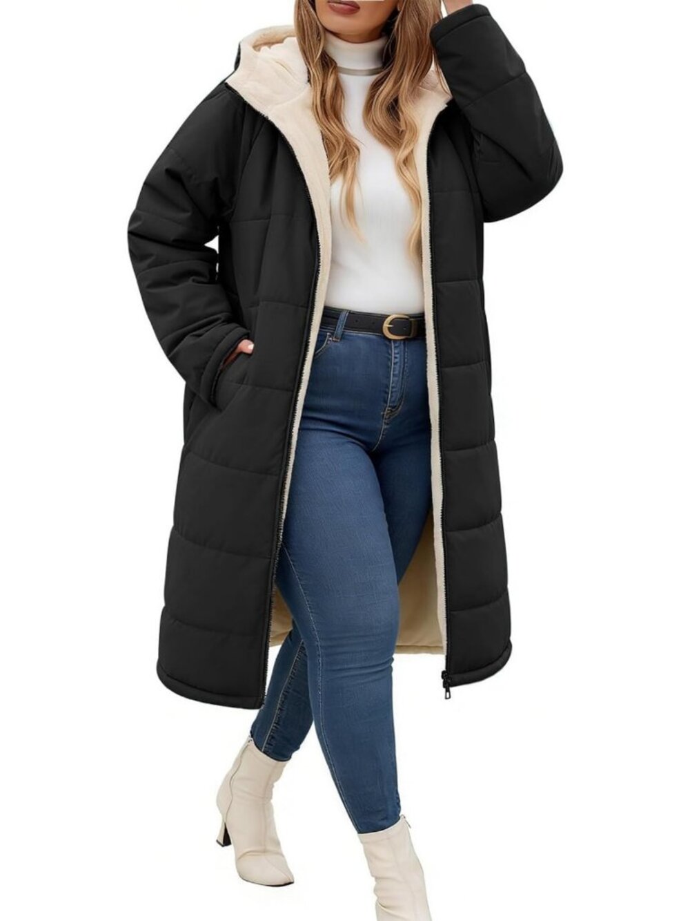 Plus Size Winter Coat for Women, Mid-Length Hoodie, Zip-Up, Warm Sherpa Lining